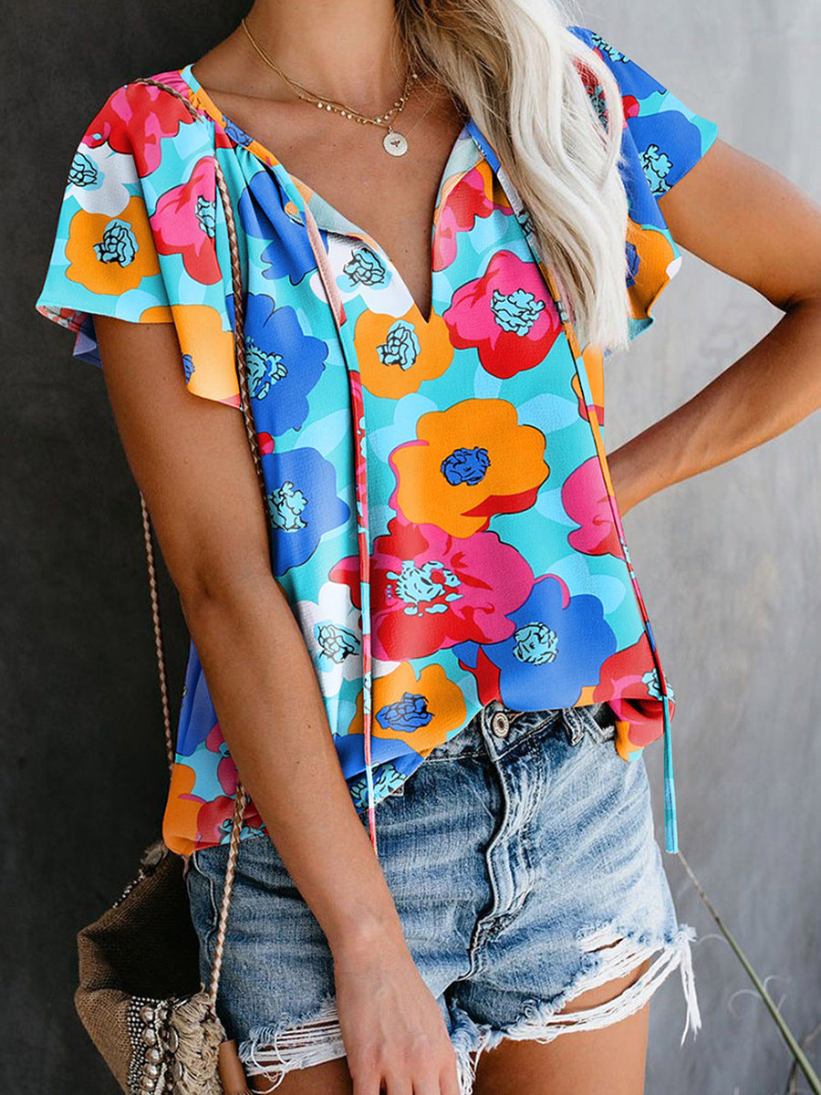 Floral Print Drawstring V-neck Short Sleeve