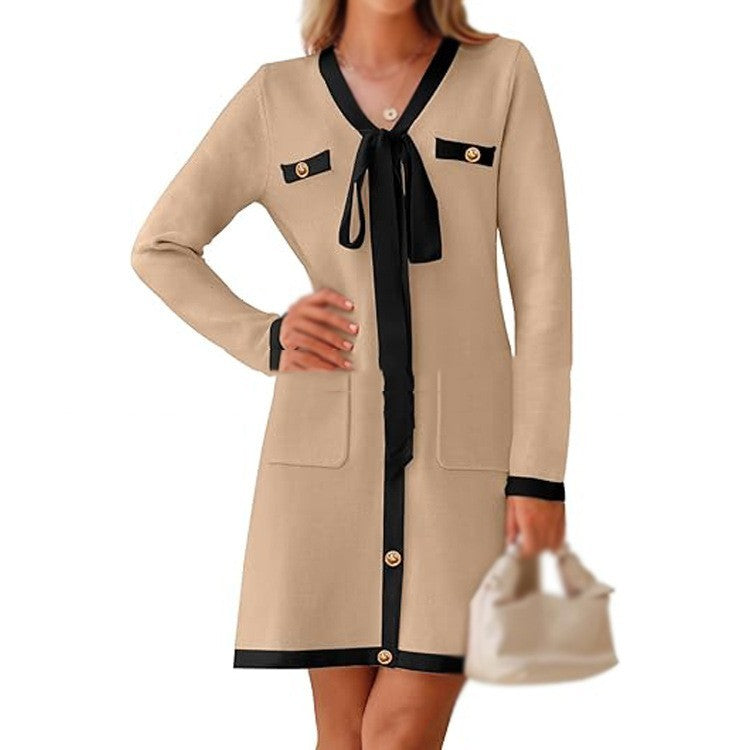 Knitted Lace-up Long Sleeve Dress Women