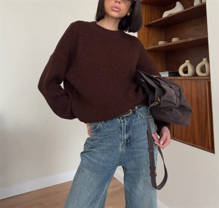 Women's Solid-color Crew-neck Loose-fitting Pullover Sweater
