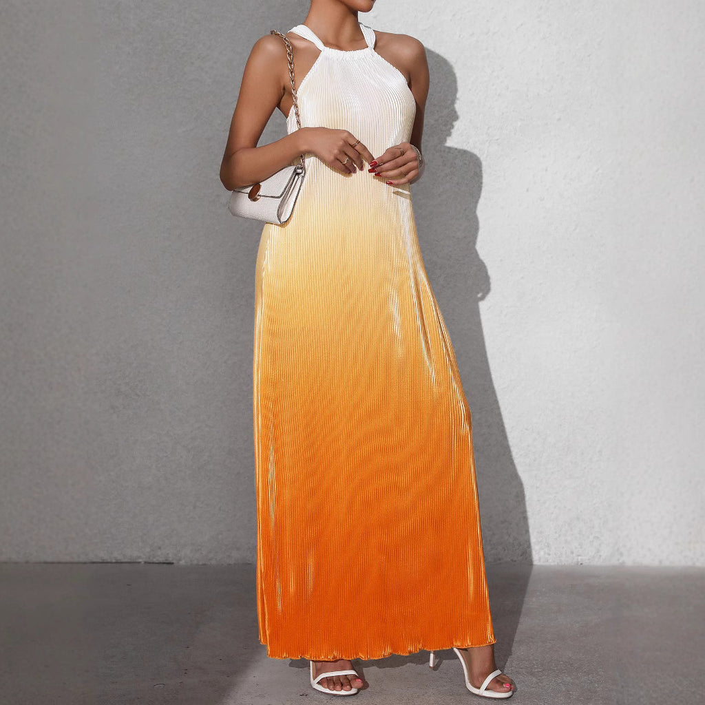 Womens Gradient-Color Fashionable Sexy Backless Halter Dress