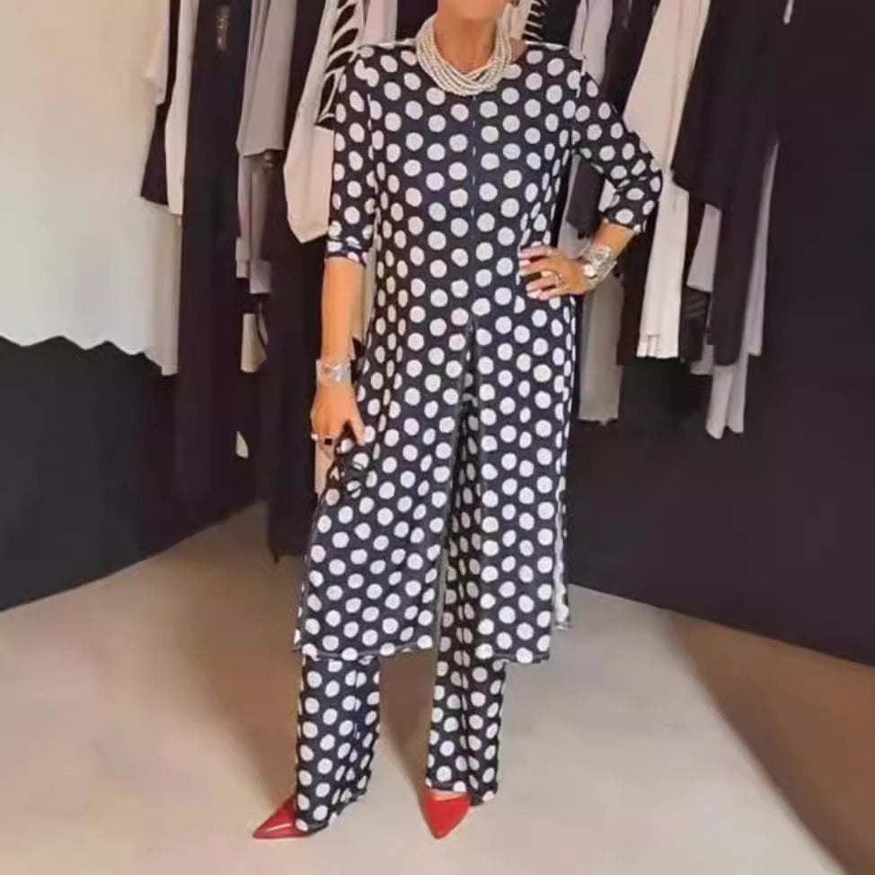 Round Neck Long Sleeve Split Polka Dot Trousers Casual Suit Women