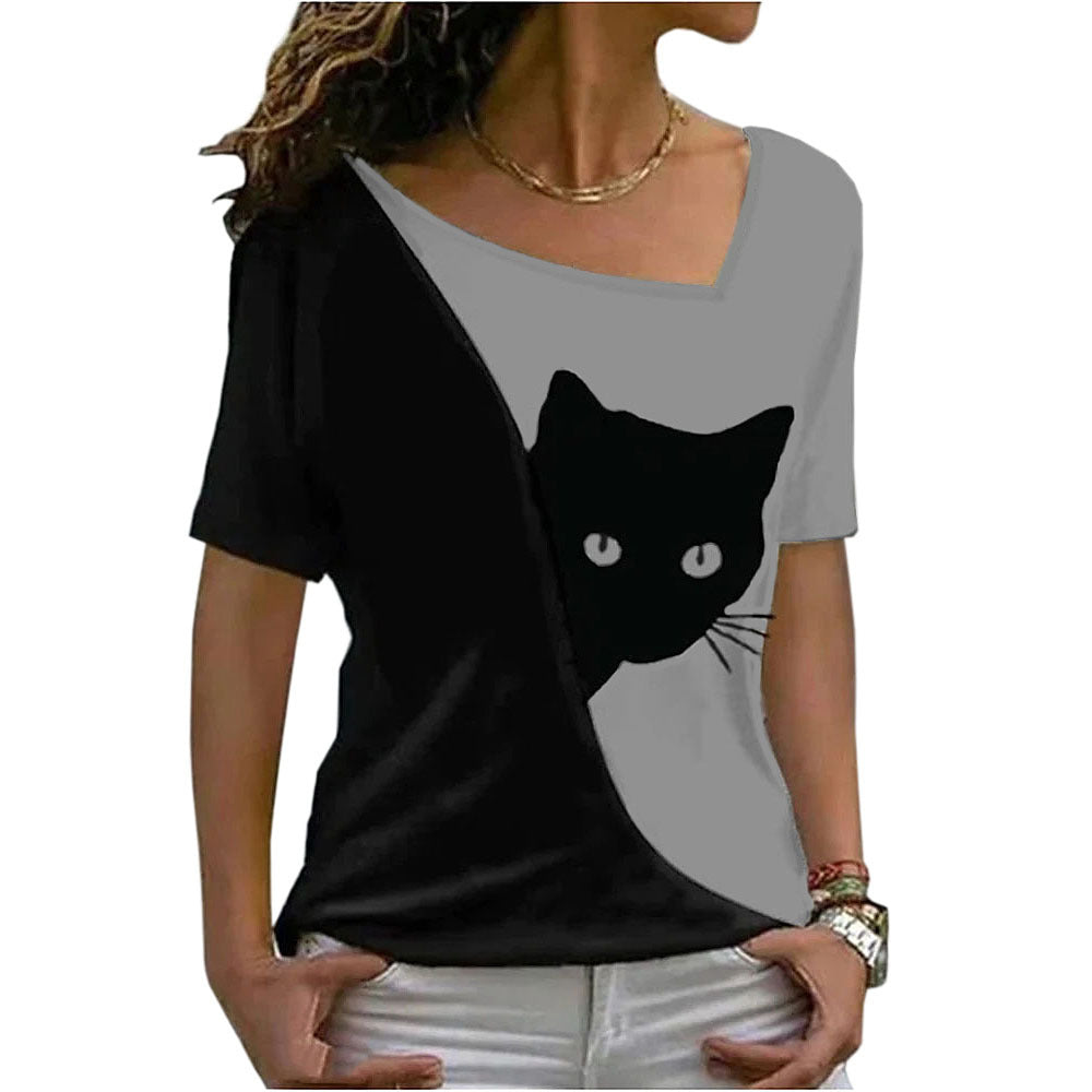 Women's Cat Printing Top Short Sleeve