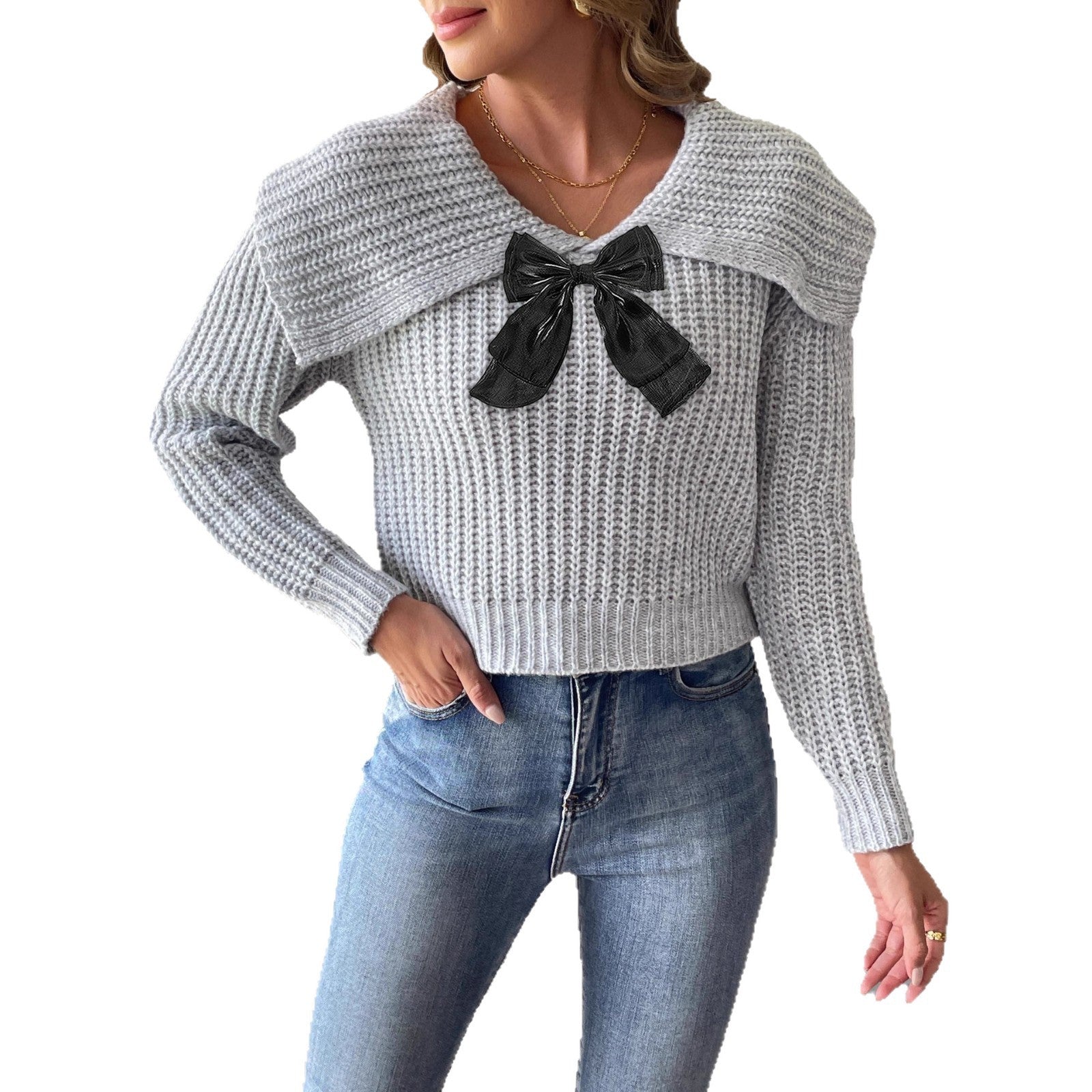 Women's Large Lapel Bow Splicing Pullover Sweater