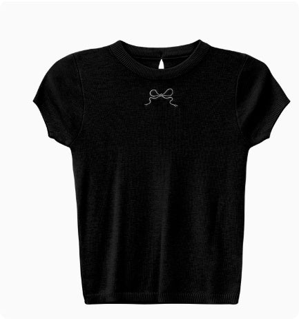 Sweet Girl Short Sleeve Bow Knitted T-shirt