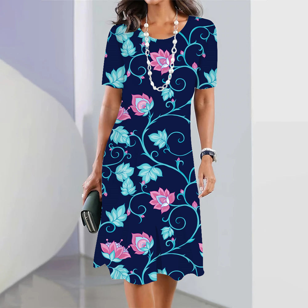 3d Floral Blue Printed Round Neck Fashion Party Dress