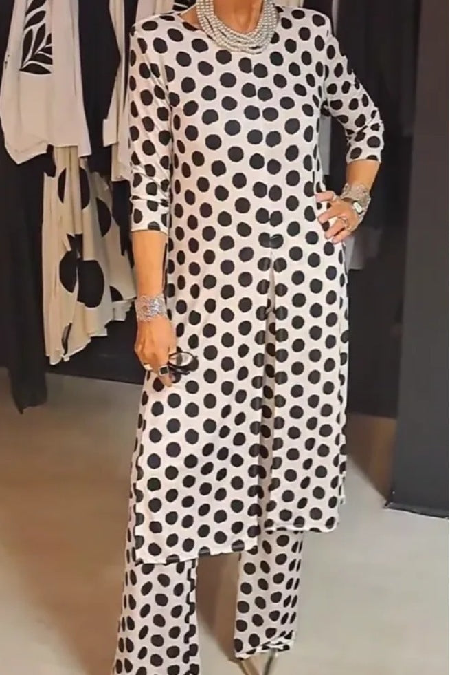 Round Neck Long Sleeve Split Polka Dot Trousers Casual Suit Women