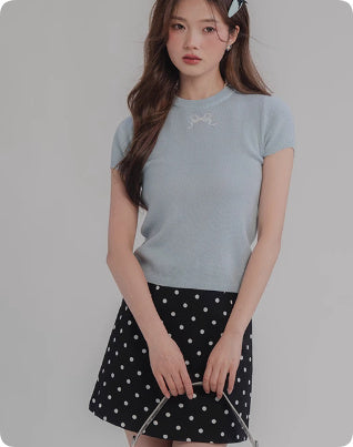 Sweet Girl Short Sleeve Bow Knitted T-shirt