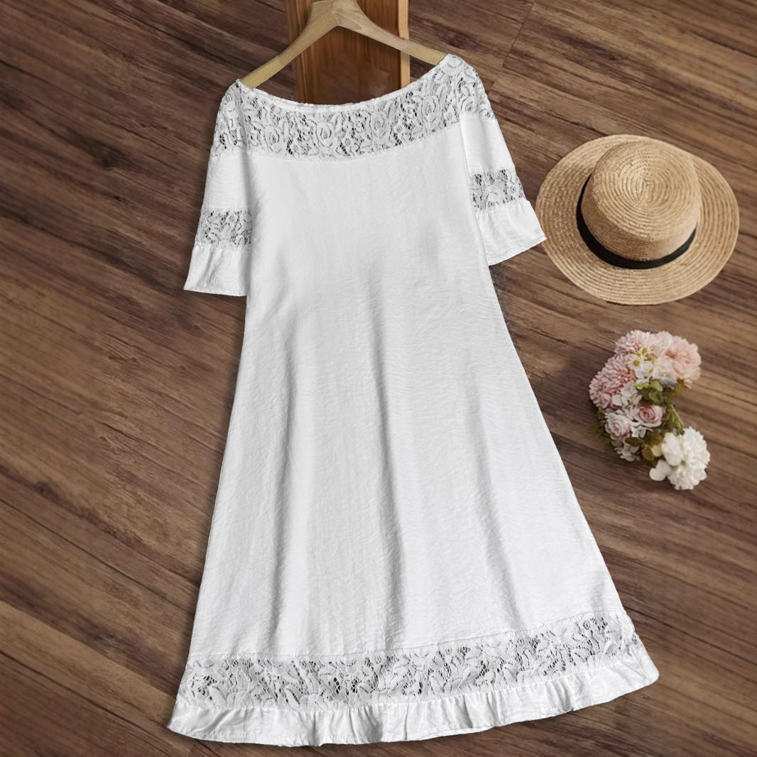White Lace Ruffled Short Sleeves Hollow Dress