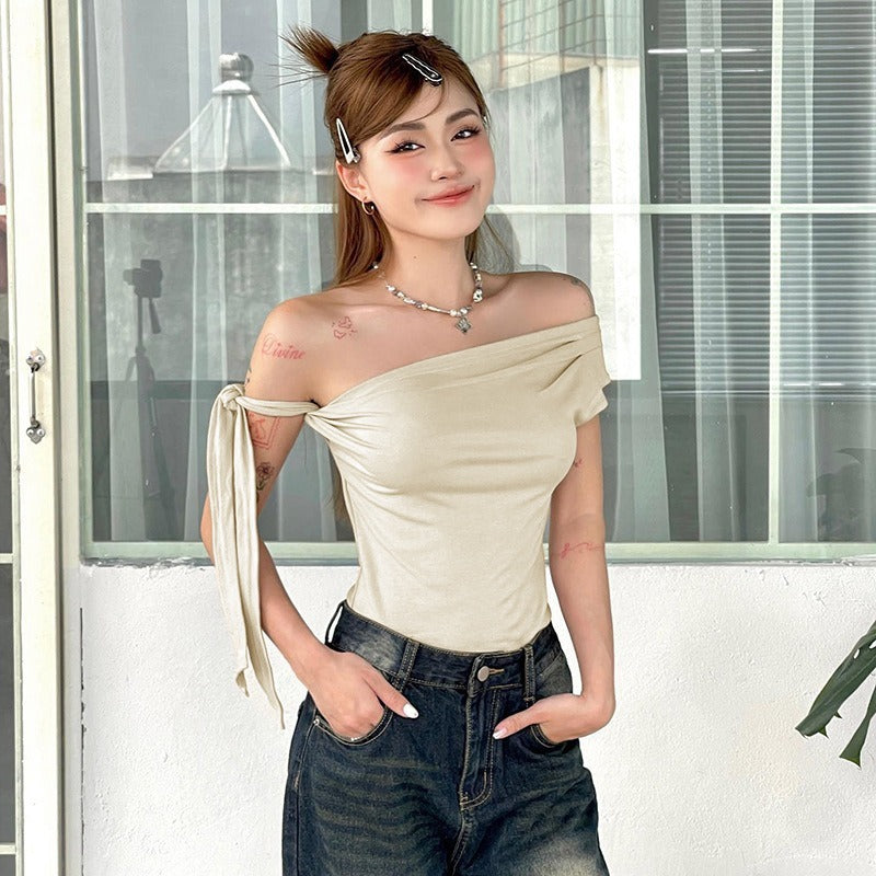 Pleated One-shoulder Backless Twisted Lace-up Asymmetric T-shirt Top