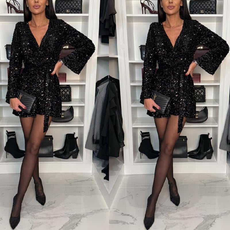 Autumn And Winter Large V-neck Velvet Sequined Nightclub One-piece Shorts For Women