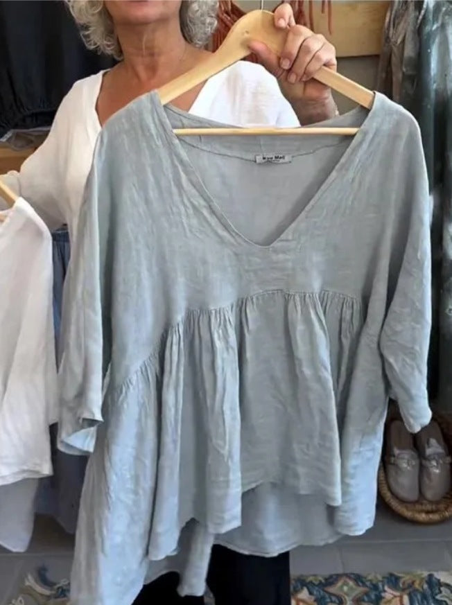 Women's Cotton And Linen Deep V-neck Solid Color Loose Top