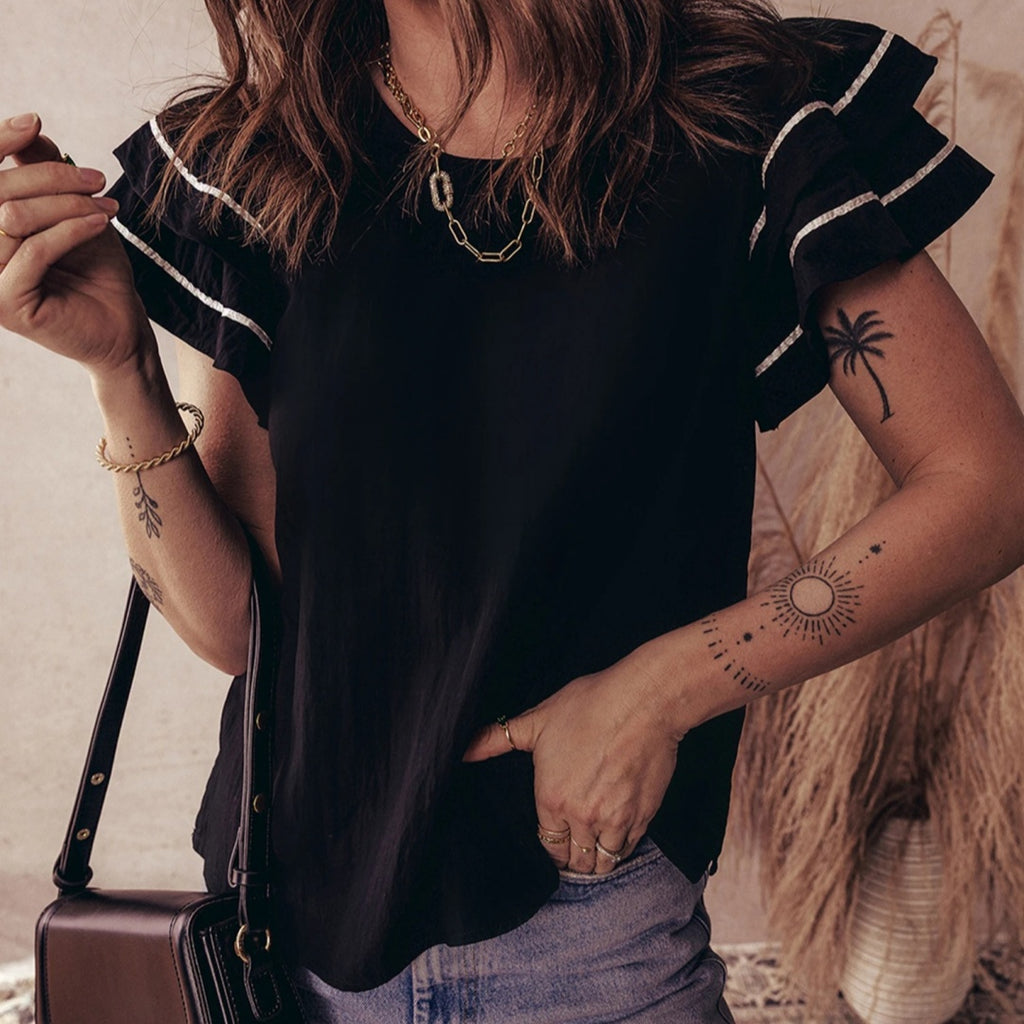 Black Contrast Trim Dual Ruffle Short Sleeve Textured Blouse