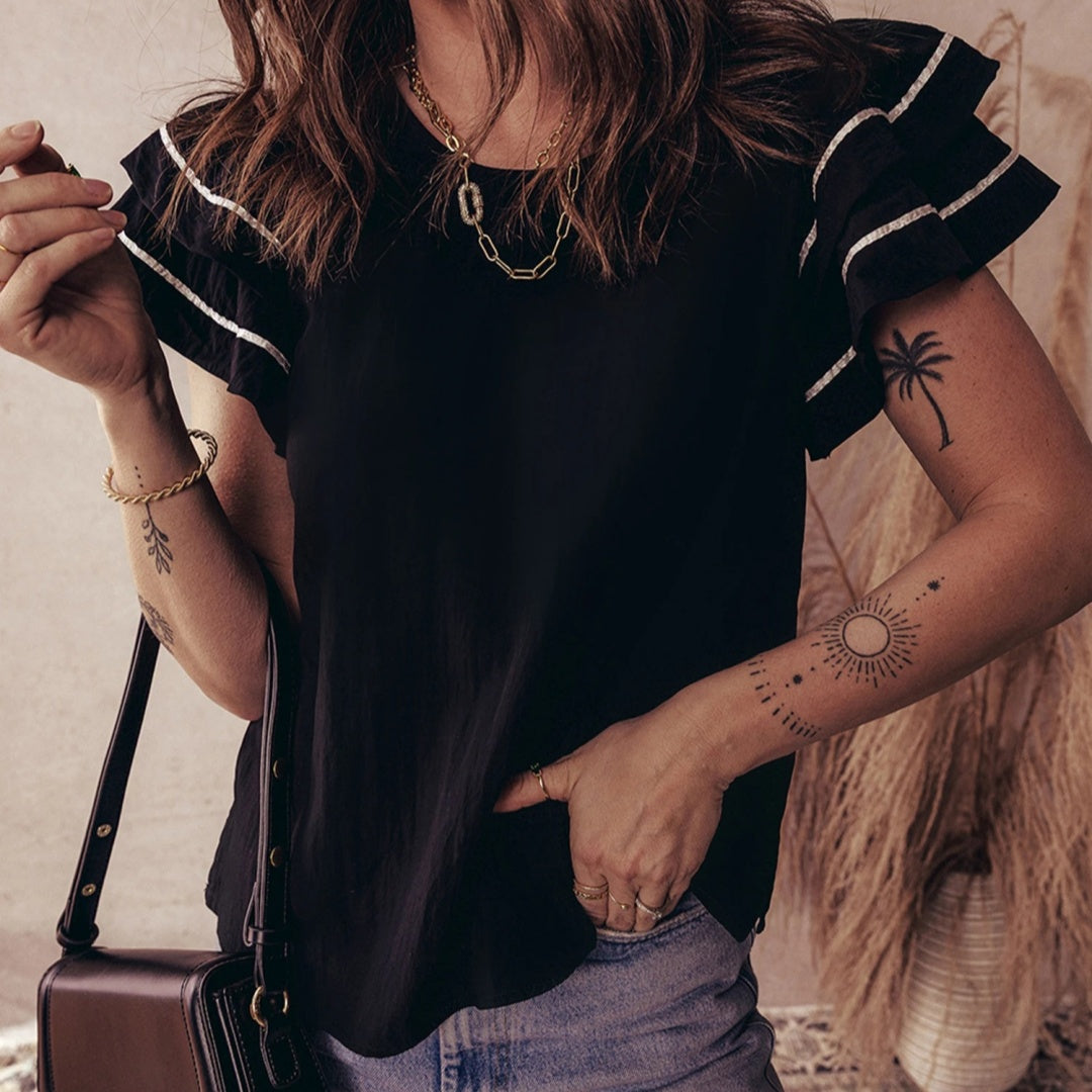 Black Contrast Trim Dual Ruffle Short Sleeve Textured Blouse