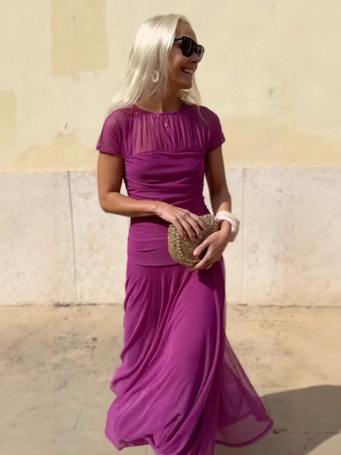 Mesh Round Neck Short Sleeve See-through Large Swing Hip Pleated Dress