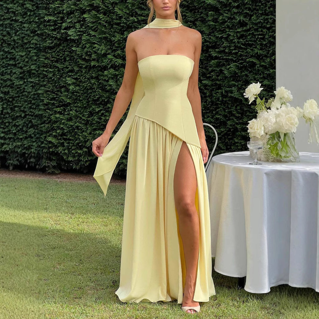 Fashion Sexy Backless Tube Top Pure Color Split Dress