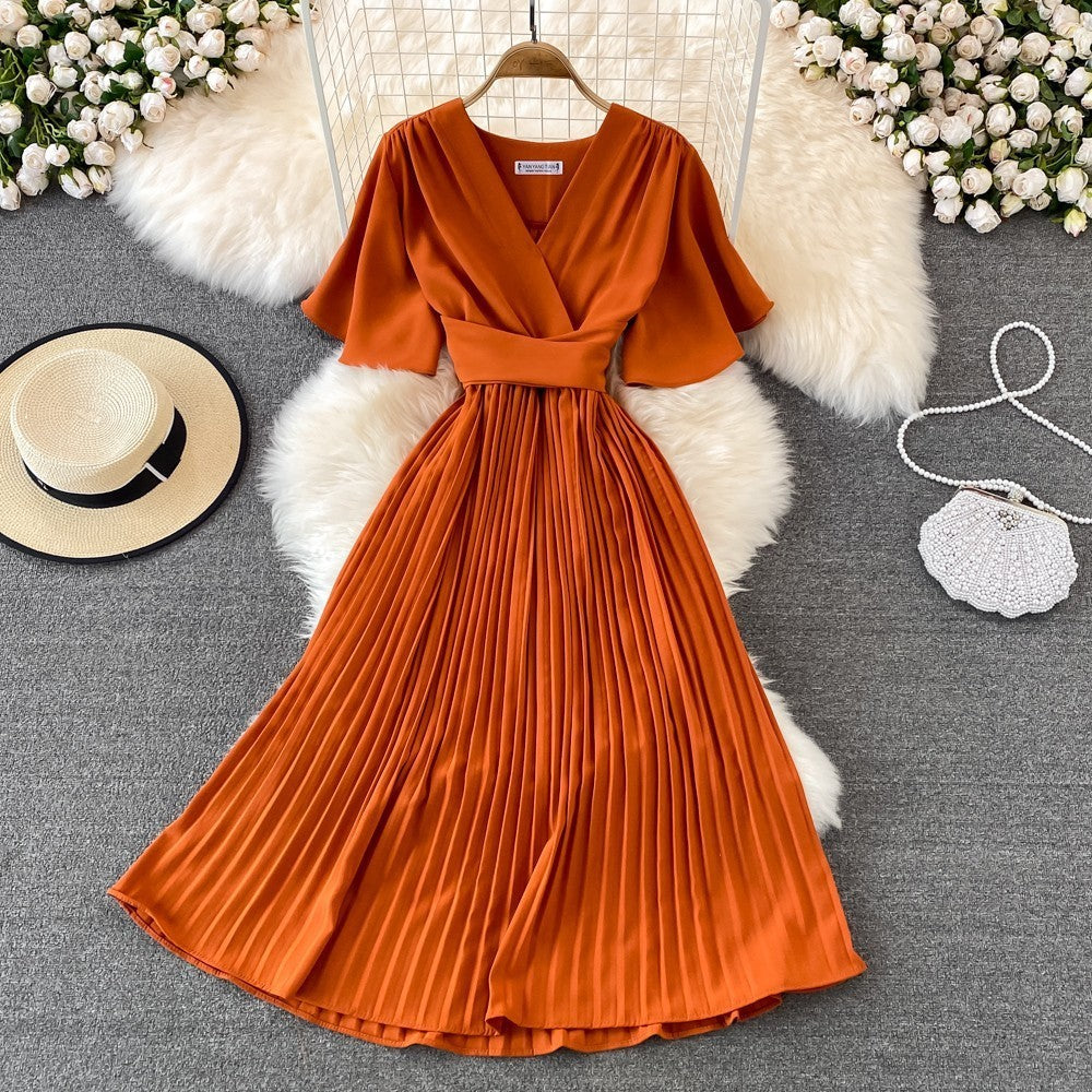 Below The Knee Slim Fit Temperament Waist-controlled Women's V-neck Short Sleeve Dress