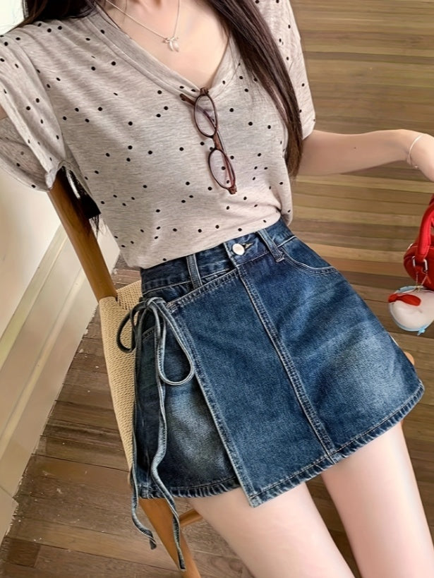 Fake Two-piece Denim Shorts Skirt For Women High Waist Irregular Design Strappy Skirt Pants