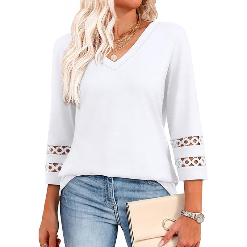 Solid Color Loose V-neck 34 Sleeves Women