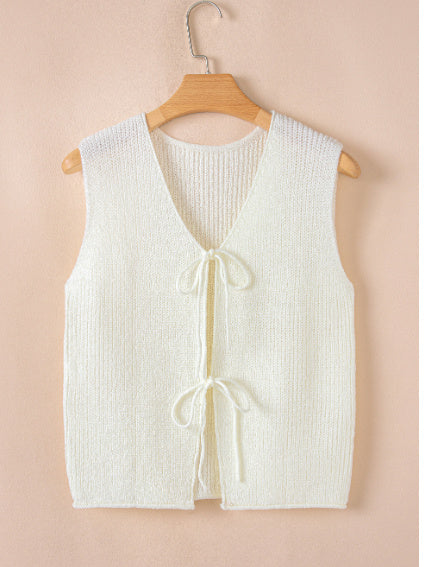 Beige Lace-up Front V Neck Sweater Vest