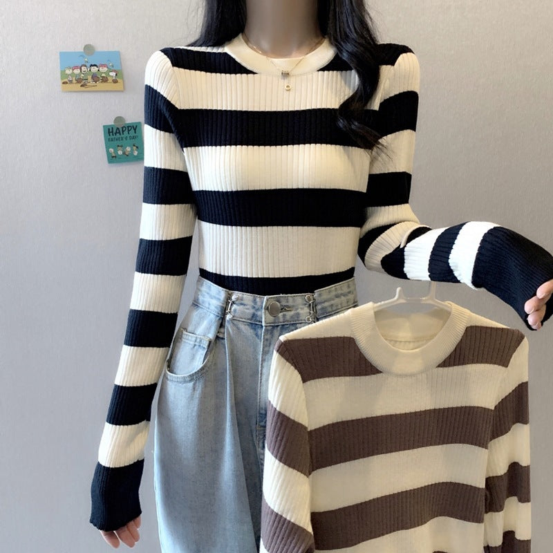 Striped Knitted Skinny Inner Match Women's Long Sleeve