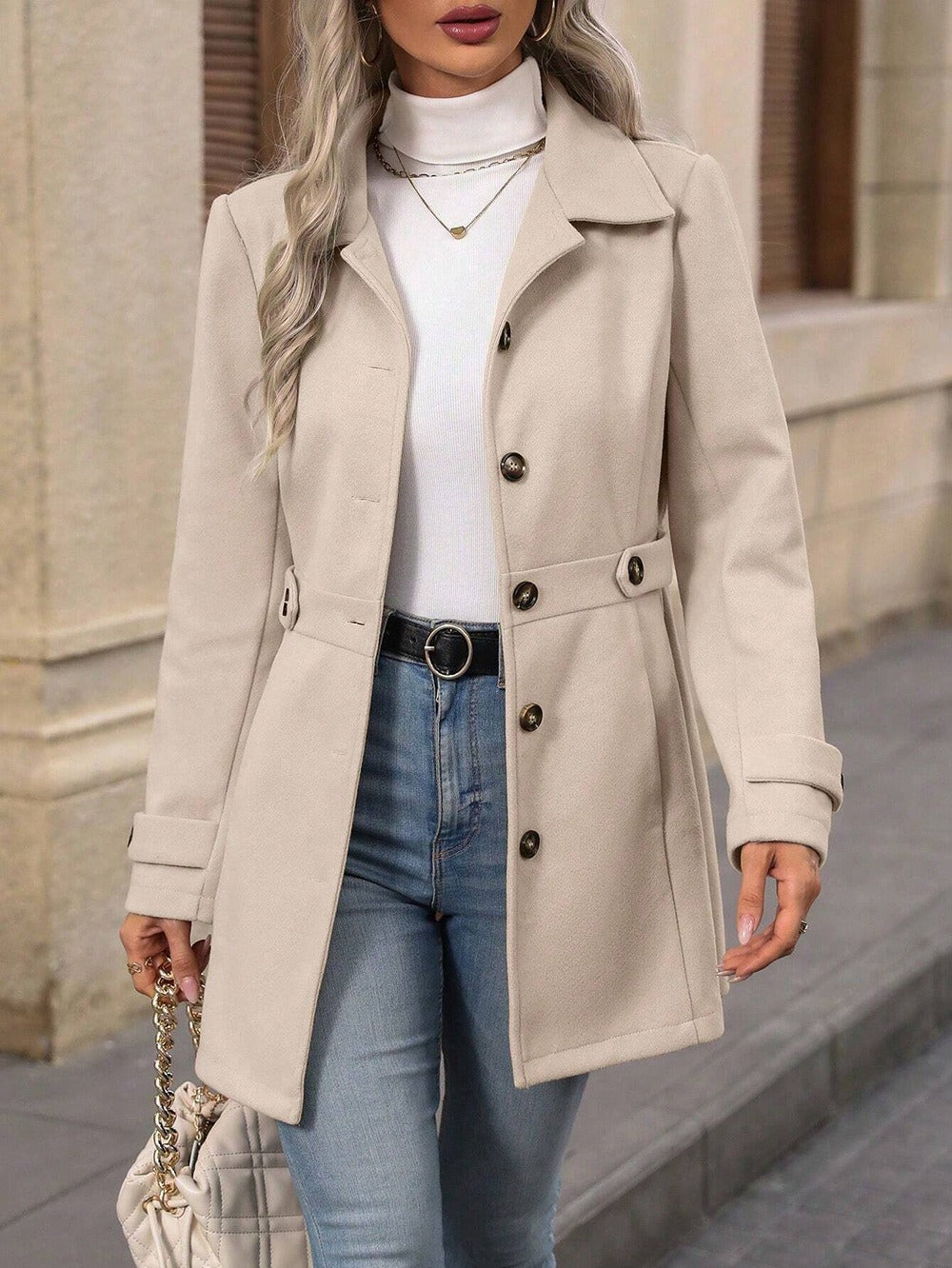 Mid-length Elegant Lapel Button Temperament Slim-fit Woolen Coat