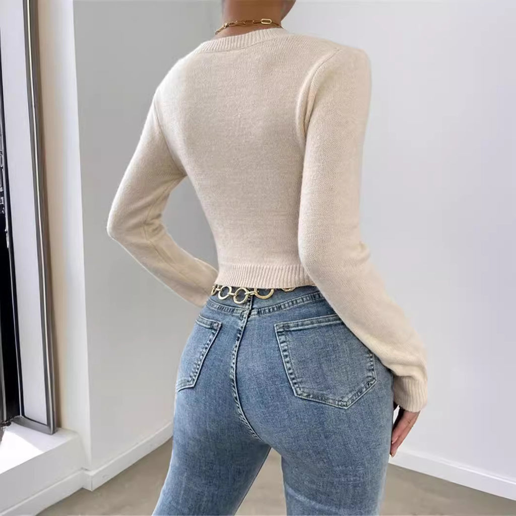 Round Neck Design Cross Knitted Top Sweater For Women