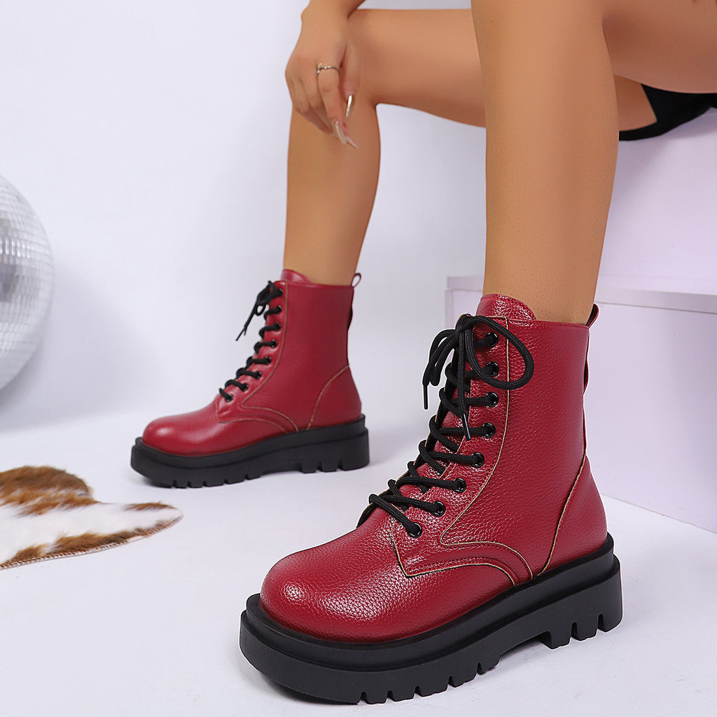 Women's Lace Up Round Toe Platform Leather Martin Boots