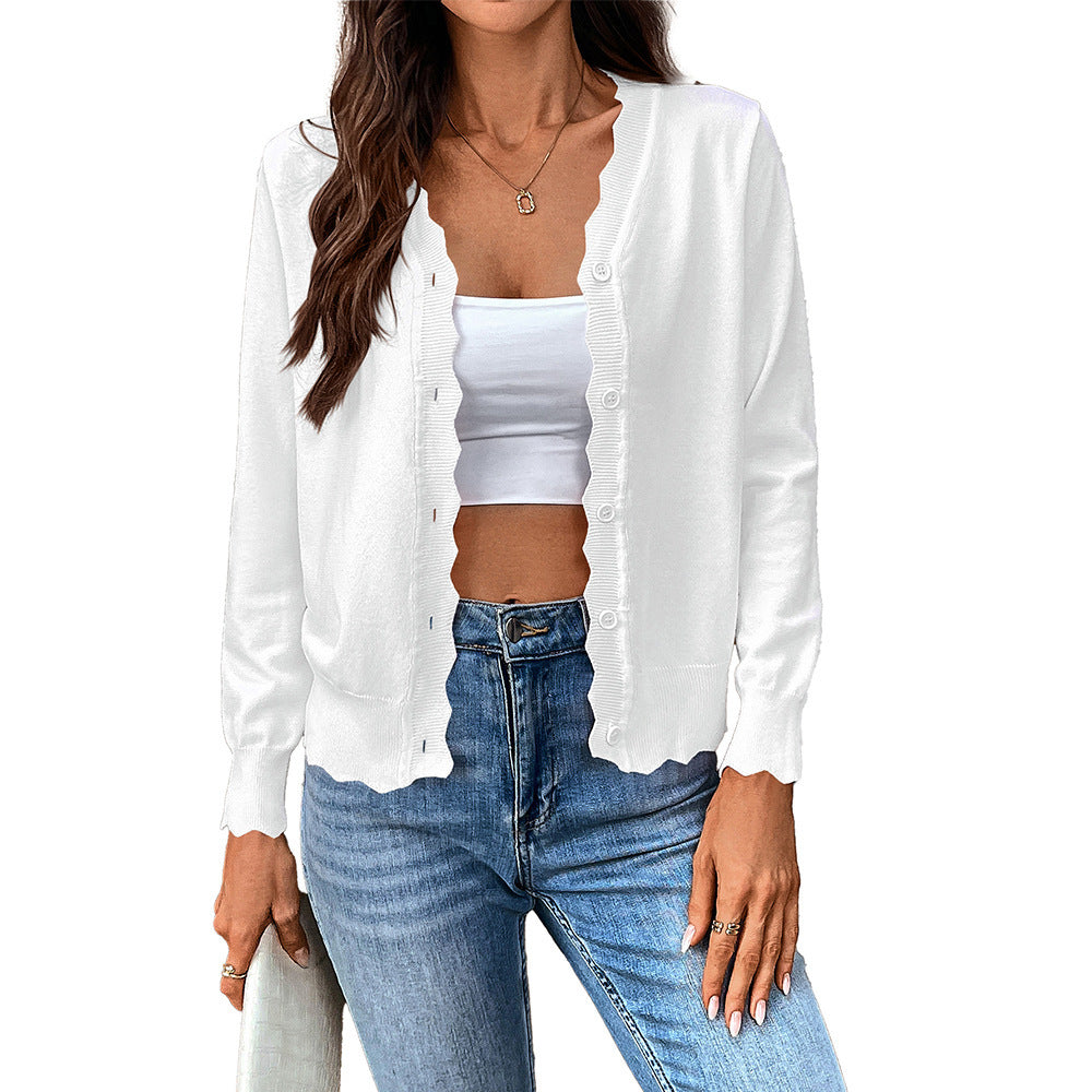 V-neck Long-sleeved Knitted Cardigan Pure Color Ice Silk Coat For Women