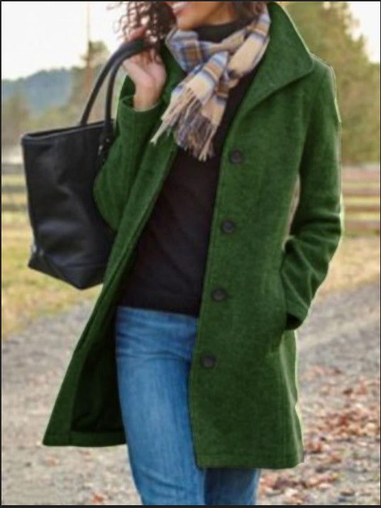 Ladies New Woolen Mid-length Multi-grain Buckle Cardigan Coat