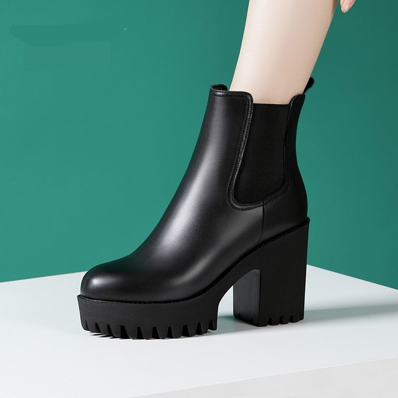 Women's Solid Color Genuine Leather High-heel Thick-heel Platform Mid-calf Boots