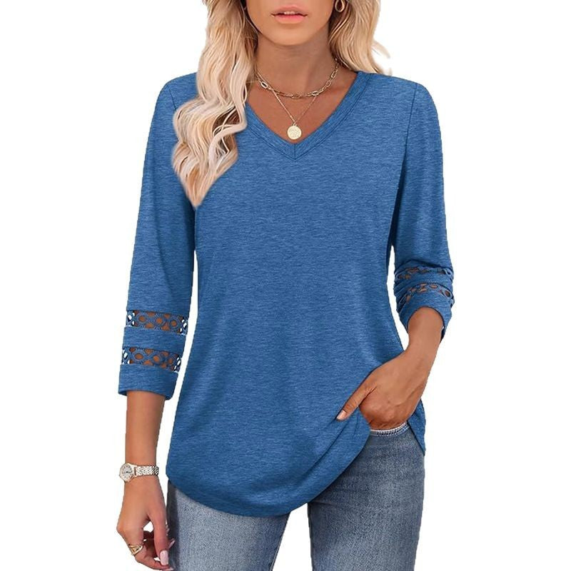 Solid Color Loose V-neck 34 Sleeves Women