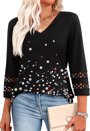 Solid Color Loose V-neck 34 Sleeves Women