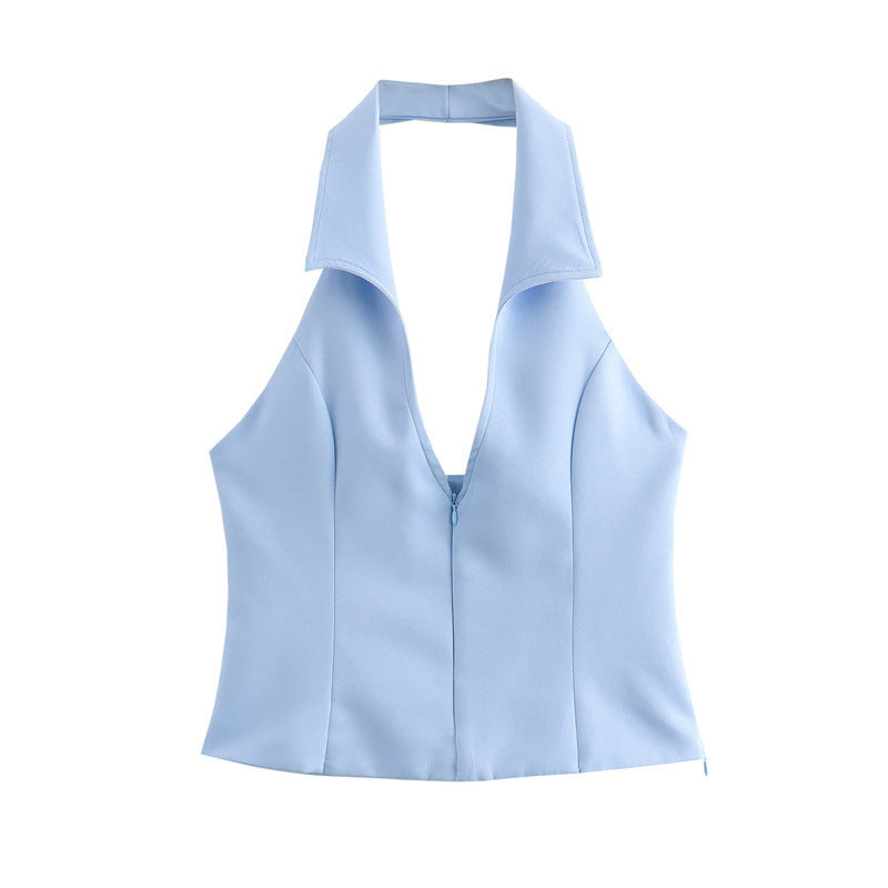 Sweet And Spicy Style Backless Slim Fit Shirt Hanging Collar Top Low Waist Skirt Pants