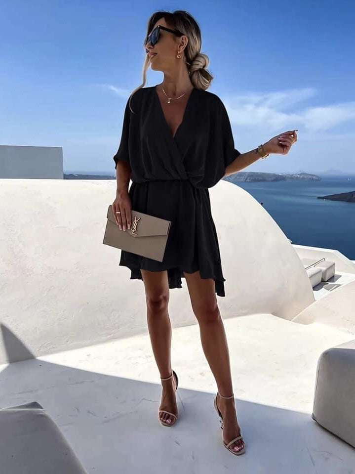 Waist V-neck Best Selling Women's Clothes Solid Color Dress