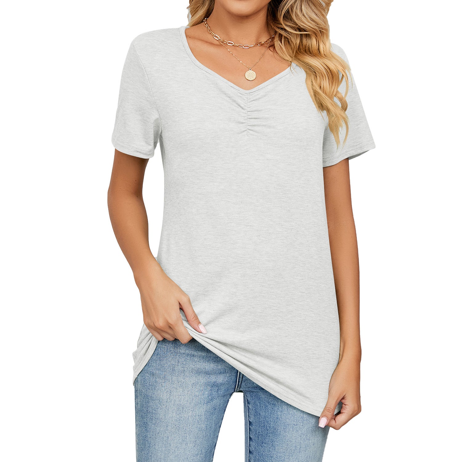 Women's Fashion V-neck Pleated Casual Solid Color Loose T-shirt