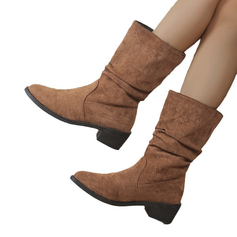 Large Size Thick Heel Pointed Toe Mid-calf Smoke Pipe Boots For Women