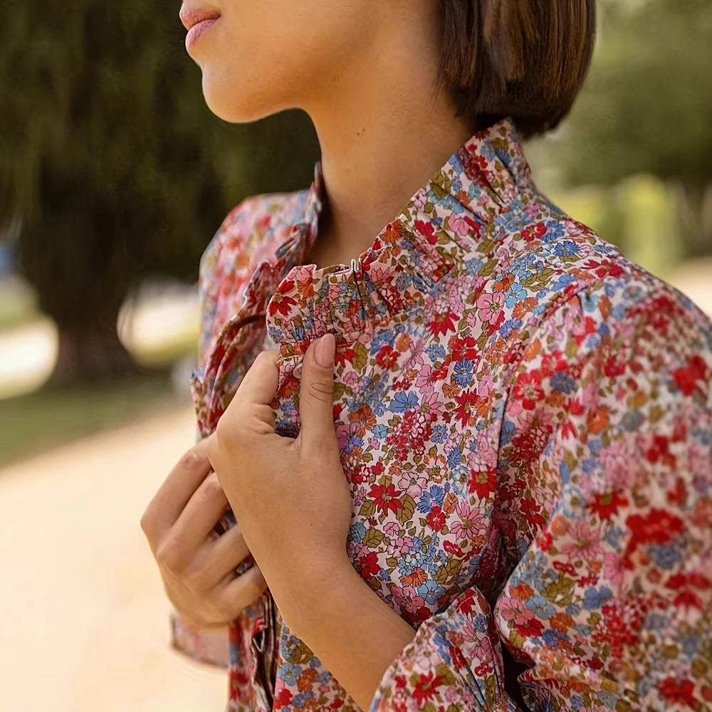 Women's Floral Print Ruffle-trimmed Stand Collar Long-sleeve Shirt