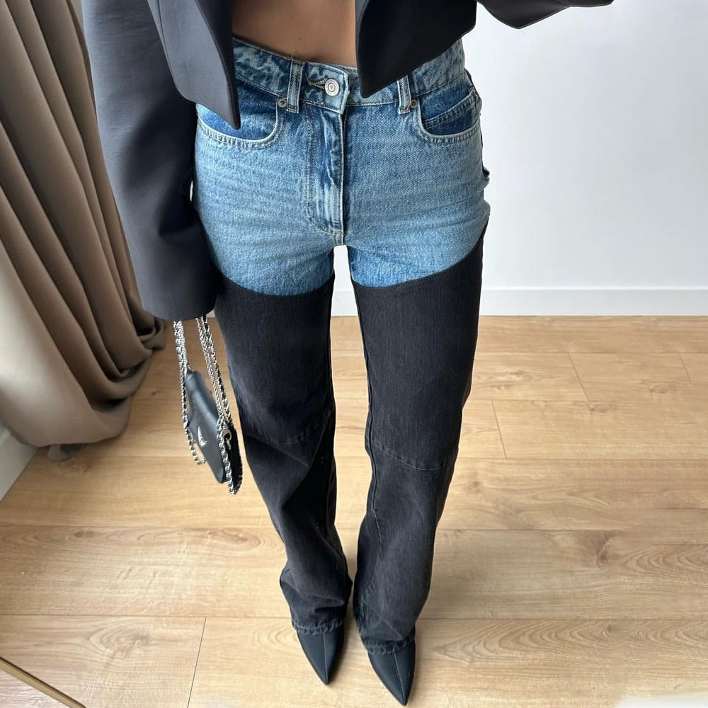 Spring Leisure Color Contrast Patchwork Straight Women's Worn Jeans