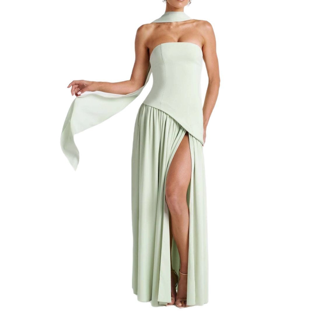 Fashion Sexy Backless Tube Top Pure Color Split Dress