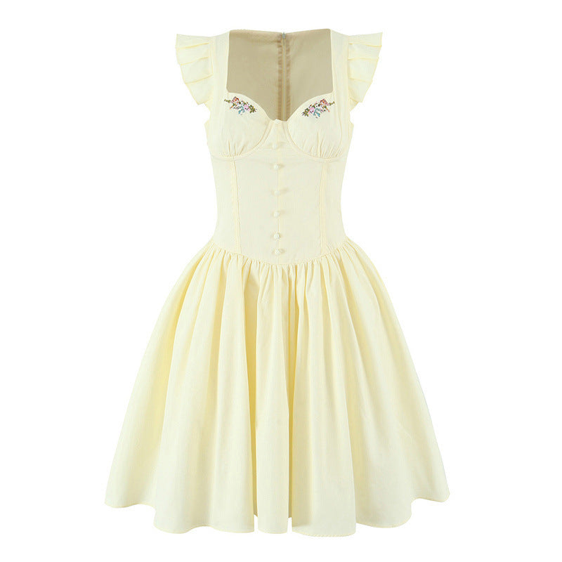 Sweet Lemon Yellow White Flying Sleeves Fishbone Embroidery Mini Dress