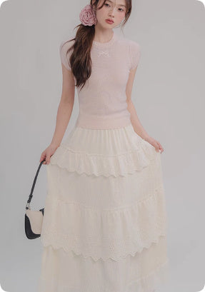 Sweet Girl Short Sleeve Bow Knitted T-shirt