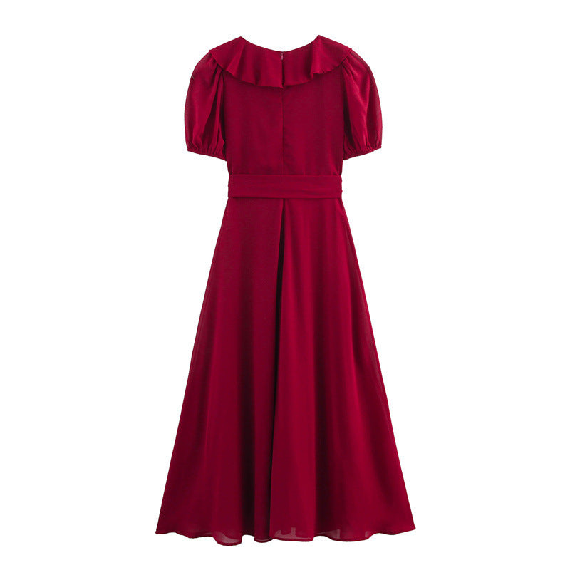 Ruffled Decorative V-neck Chiffon Waist Dress