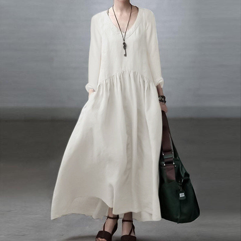 Fashion Long Sleeve V-neck Women's Casual Solid Color Loose Long Dress
