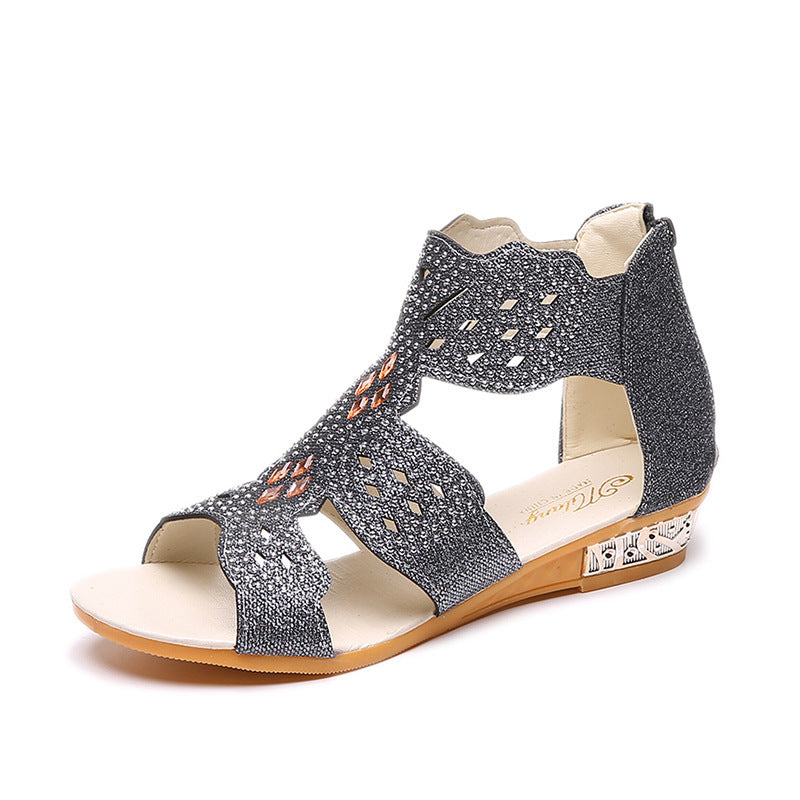 Summer New Fashion Flat Casual Open Toe Rhinestone Hollow Sandals For Women