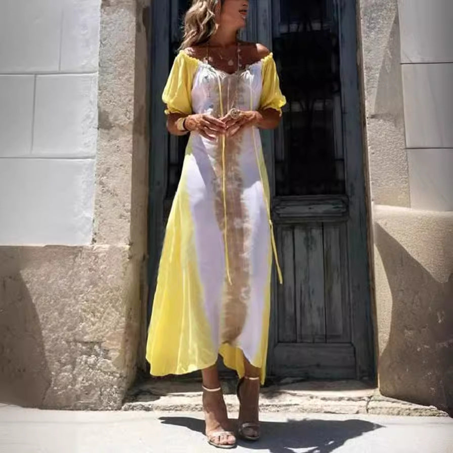 European And American Summer Printed V-neck Irregular Dress Women