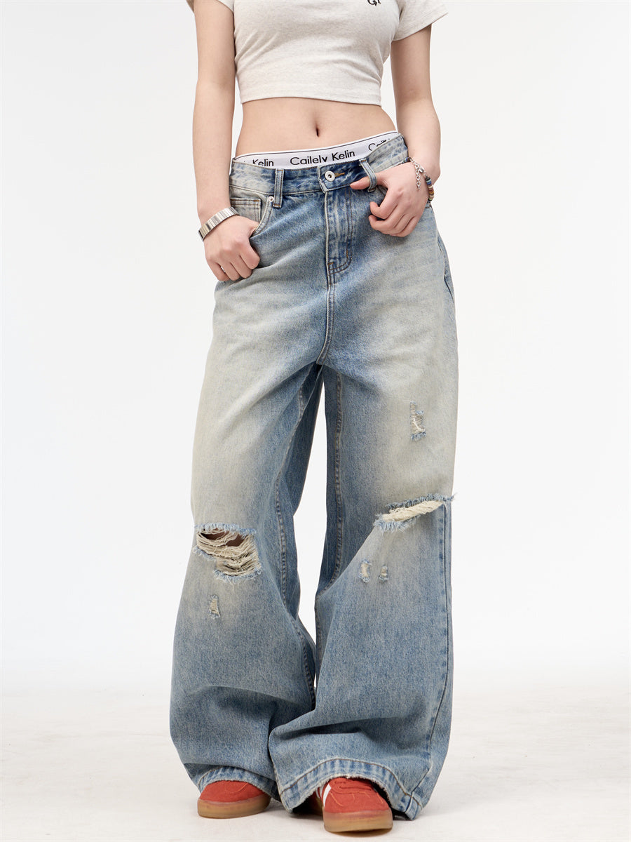 Retro Worn Looking Washed-out Straight Jeans For Men And Women