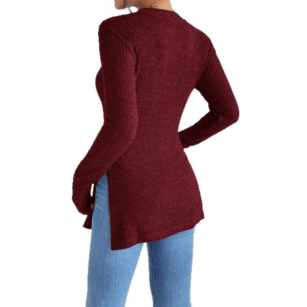Slim-fit Sunken Stripe Brushed Round Neck Hem Rib Knitted T-shirt