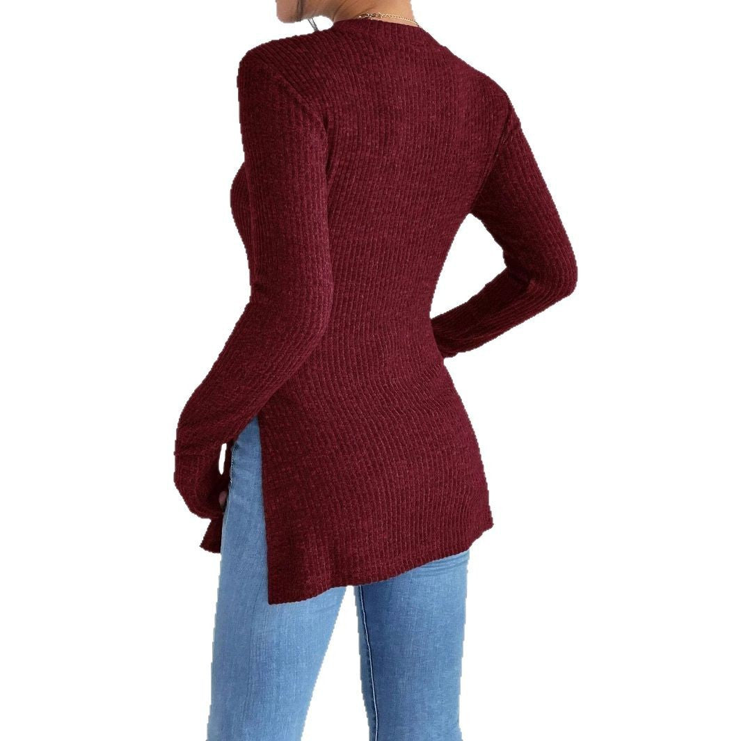 Slim-fit Sunken Stripe Brushed Round Neck Hem Rib Knitted T-shirt