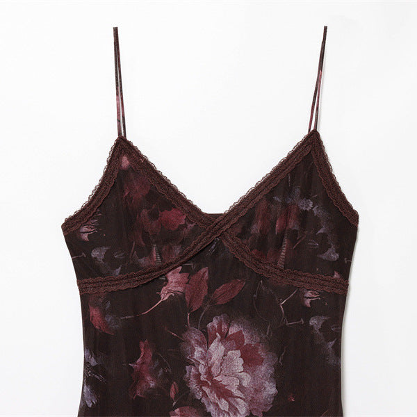Lace V-neck Printed Sling Irregular Dress