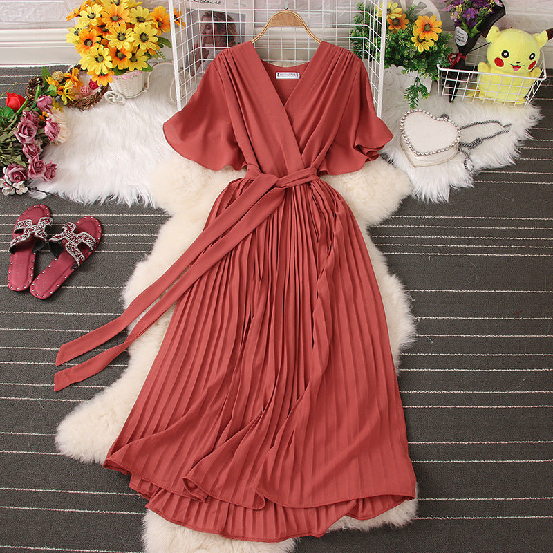 Below The Knee Slim Fit Temperament Waist-controlled Women's V-neck Short Sleeve Dress